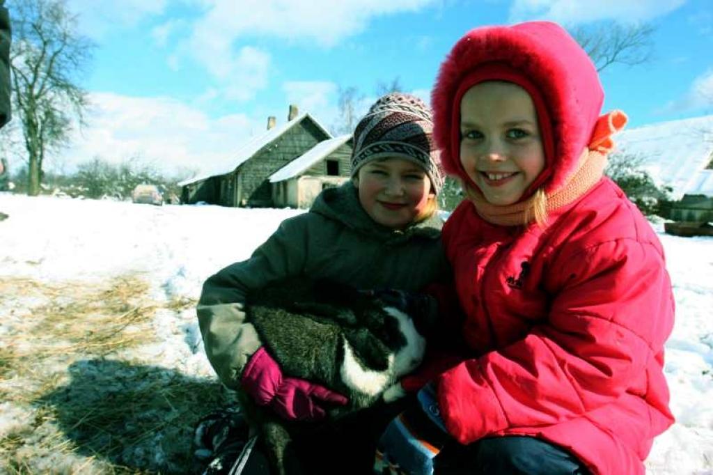 Septiņus gadus vecā Keita (no labās) un astoņus gadus vecā Katrīna ir māsīcas, kas omītes mājās Daukstu pagasta 