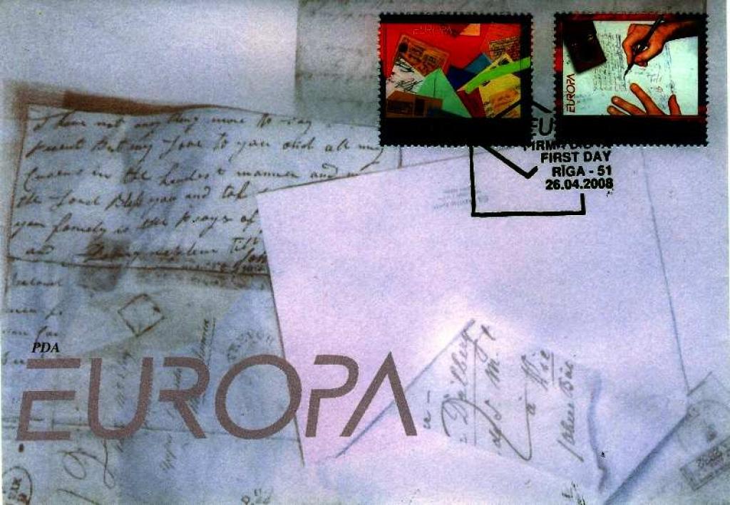 Pirmās dienas aploksnes fonu arī veido ar roku rakstītas vēstules un uzraksts 