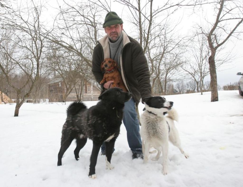 Andris Graumanis lepojas ar saviem suņiem – takseni Ziku un laikām Roki (melnais) un Riku (baltā). Suņi ar labiem panākumiem piedalās arī sacensībās un izstādēs.
Autors: Gatis Bogdanovs