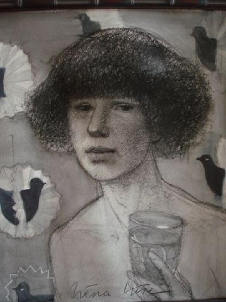 Viens no izstādes eksponātiem - mākslinieces Irēnas Lūses pašportrets.