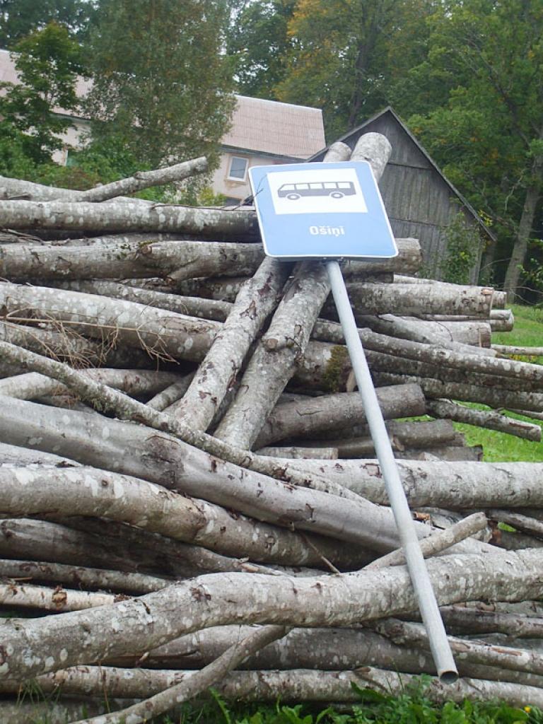 Kāpēc pieturvietas zīme “Ošiņi” izrauta un nomesta uz malkas grēdas? Par to satraukti Kalnienas iedzīvotāji. 
Autors: Ausma Zariņa