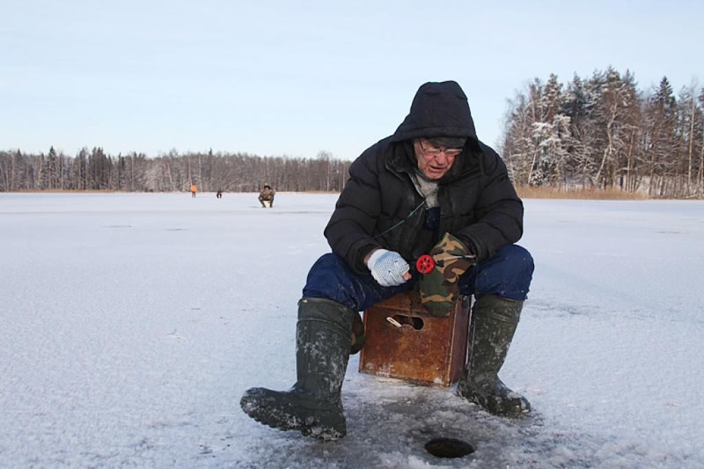 Jēkabs Upītis rāda, ka ledus, vietā, kur viņš makšķerē, ir apmēram 10 centimetrus biezs. Nepilnu divu stundu laikā izdevies izvilināt apmēram piecus kilogramus prāvu asaru. 
Autors: Gatis Bogdanovs 