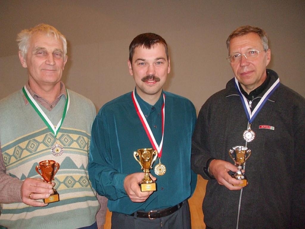 Dambretes čempionāta uzvarētāji (no kreisās): Jānis Ļoļāns (3.vieta), Jānis Bokalders (1.vieta) un Andrejs Ābelīte (2.vieta).
Autors: No personiskā albuma.