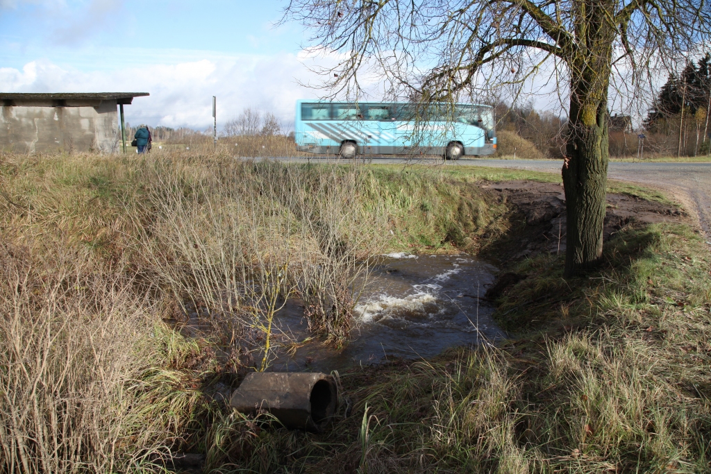 Kad caurteka tika iztīrīta, ūdens sāka plūst prom un plūsma sadalījās - daļa aizplūda pa caurteku, kas ir zem ceļa Smiltene-Gulbene, bet otra daļa plūda gar šī ceļa labo pusi. 
Autors: Gatis Bogdanovs