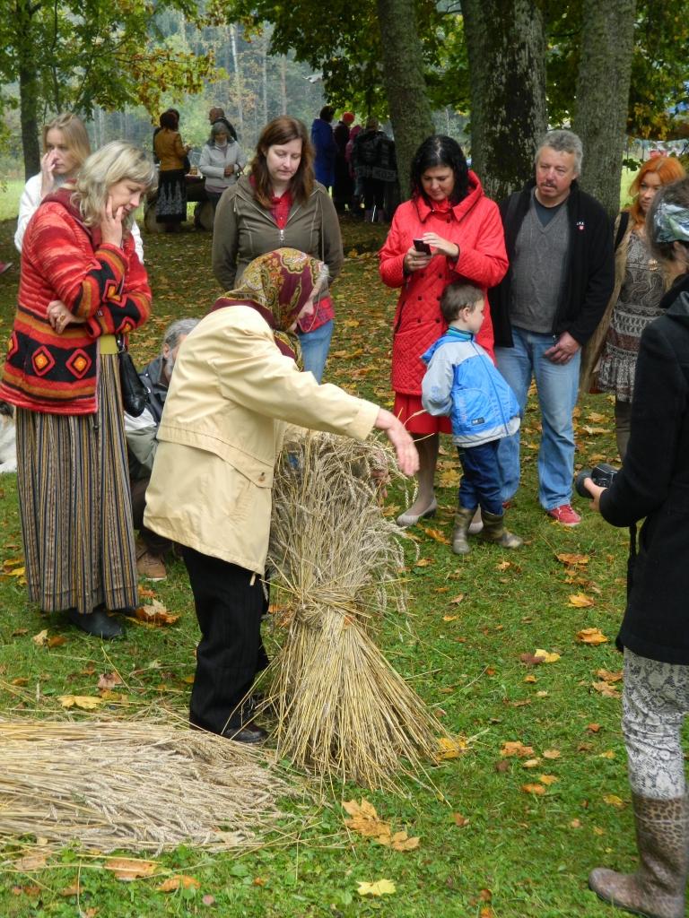 Druvēniete Ausma Smala jeb Smalu māte, kā viņa pati sevi dēvēja, Apjumības svētkos, kas reizē ar Dzejas dienu pasākumu pagājušajā sestdienā notika pie Druvienas vecās skolas-muzeja, ierādīja, kā sasienami rudzu kūlīši, lai tālāk no tiem veidotu rudzu statu. Rudzu stati savulaik gluži kā zaldāti rindojās nopļautās labības laukos. Ja vecākās paaudzes ļaudīm varbūt tas nebija nekas jauns, tad gados jaunākajiem kūlīšu siešana bija kaut kas pavisam neredzēts. Smalu mātei ne tikai kūlīšu siešana nav nekāds noslēpums. Viņa ir arī lieliska maizes cepēja, kura varētu dot padomu ne vienam vien iesacējam. 
Autors: Zane Barlote