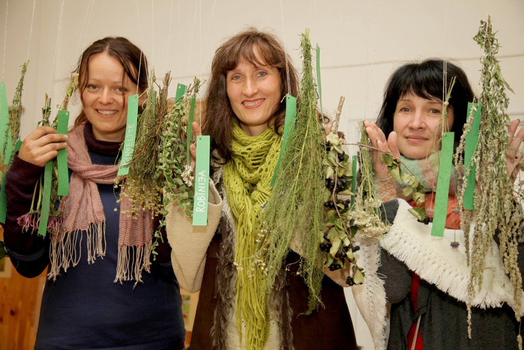 “9 sauļu vasaras skolas” dalībnieces ir arī trīs draudzenes pirtnieces (no kreisās) Laura Ušča, Evita Birne un Maija Jaunbērziņa, kuras dalās zināšanās par augiem, gūst jaunas idejas un radošu prieku. 	
Autors: Gatis Bogdanovs