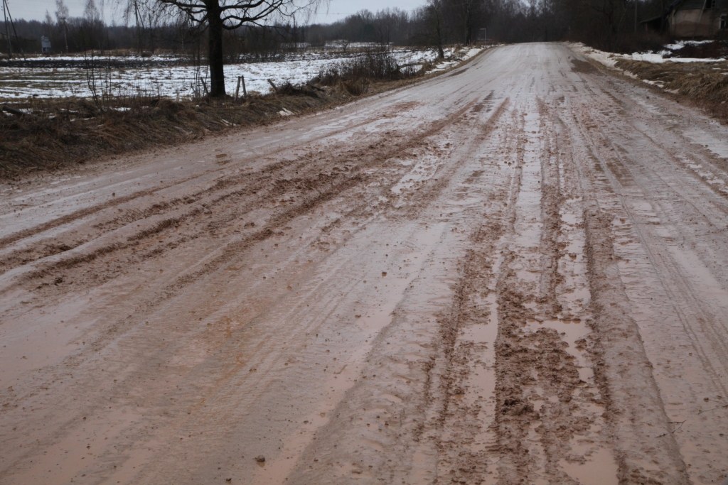 Pirmdien Beļavas ceļš pie “Plūdu” mājām izskatījās šādi. Pārvietojoties ar atļauto braukšanas ātrumu, kas ir 90 kilometri stundā, krasas seguma kvalitātes pārmaiņas var izrādīties liktenīgas.  
Autors: Gatis Bogdanovs