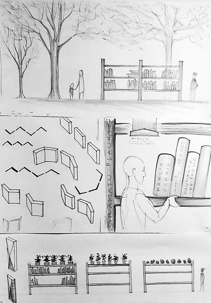 Mākslinieka Ivara Drulles idejas skice vides objektam – grāmatu plauktiem, kuros būs grāmatas ar 100 ievērojamāko novadnieku vārdiem.