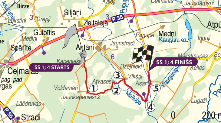 SS 1; 4 “Sendija”

Trases garums – 8,08 kilometri.
Trase slēgta no pulksten 7.50.
Pirmās automašīnas starts – pulksten 9.20 un 12.03. (“Historic” klases pirmās automašīnas starts - pulksten 9.00 un 11.43).
Piebraukšana, braucot pa šoseju Gulbene-Balvi un nogriežoties pa labi Zeltalejas krustojumā. Pēc 1,4 kilometriem no krustojuma pa labi būs ceļš, kas ved uz startu. 
Starts – 1,2 kilometri no šī nelielā krustojuma, griežoties pa kreisi uzreiz aiz “Mežābeļu” mājām. 

1. 1,7 kilometri no starta – vairāki ātri līkumi, piebraukšanas iespēja no bijušās Stradu skolas puses (no ceļa Gulbene-Rēzekne).
2. 3,6 kilometri - interesanta vieta pie caurtekas, kam seko labais līkums.
3. 4,4 kilometri - atpakaļejošs pagrieziens pa labi. Piebraukšanas iespēja no šosejas Gulbene-Balvi puses.
4. 6,2 kilometri - interesanta, labi pārskatāma vieta, vairāku līkumu kaskāde, arī neliela caurteka, taču bez piebraukšanas iespējas pēc trases slēgšanas. 
5. 7,2 kilometri - bīstama caurteka un vairāki līkumi, pirms caurtekas gan būs izvietoti ātrumslāpētāji. Pēc apmēram 300 metriem – iespēja piebraukt pie trases no Litenes puses. 