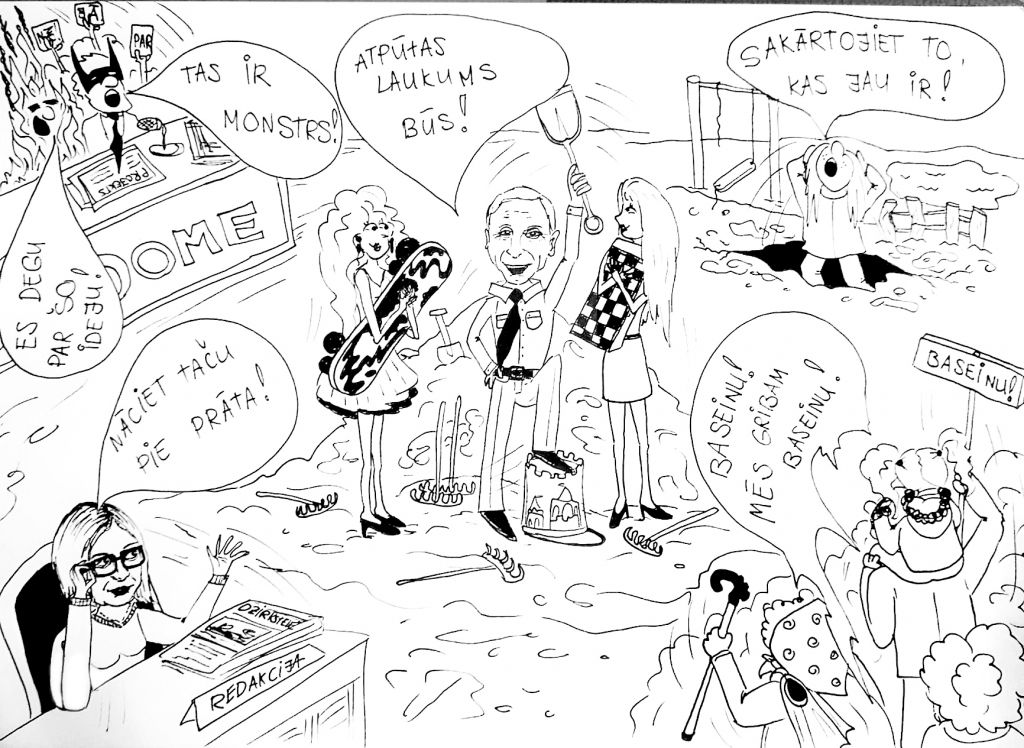 Tiek lauzti šķēpi par jauno domes ieceri – būvēt par pusotru miljonu atpūtas kompleksu Gulbenē.        
Autors: Zīmējums: Aija K.