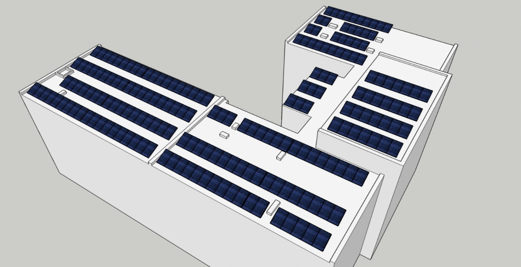 Šādi grafiski izskatīsies saules paneļi uz Gulbenes novada pašvaldības administratīvās ēkas jumta. Attēls – no pašvaldības publiskotās tehniskās specifikācijas.