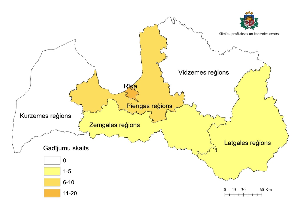 Šādu karti Slimību profilakses un kontroles centrs publiskoja sestdien, 14.martā, kad valstī bija reģistrēti 26 saslimušie. Vakar skaitlis sasniedza 34. 
Autors: Slimību profilakses un kontroles centrs