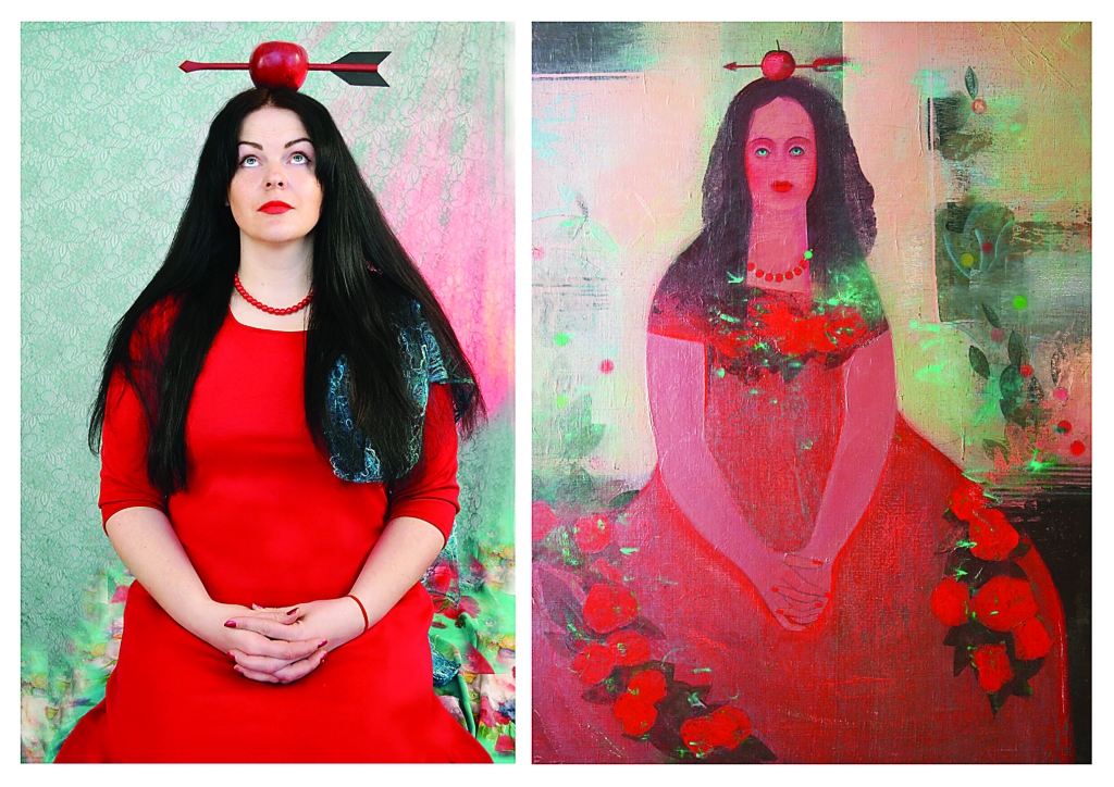 Divās fotografēšanās epizodēs ar P.Postaža gleznām piedalījās muzeja krājuma glabātāja Vineta Jogure. Īpaši viņai tuva bija glezna ar sarkano kleitu. Tā tika atrasta pašas skapī, bet bultu gatavoja Vinetas vīrs Ģirts. “Viņš ļoti nopietni piegāja šai lietai, kādas trīs stundas greba līdz pat pusnaktij, lai es nākamajā dienā varētu fotografēties. Man bija vispirms “nozīmēta” glezna ar tautumeitu, kurai bumba rokās, bet, kad ieraudzīju šo sievieti sarkanajā kleitā, teicu, ka ņemu arī to,” stāsta V.Jogure.	
Autors: Ivars Vecāns