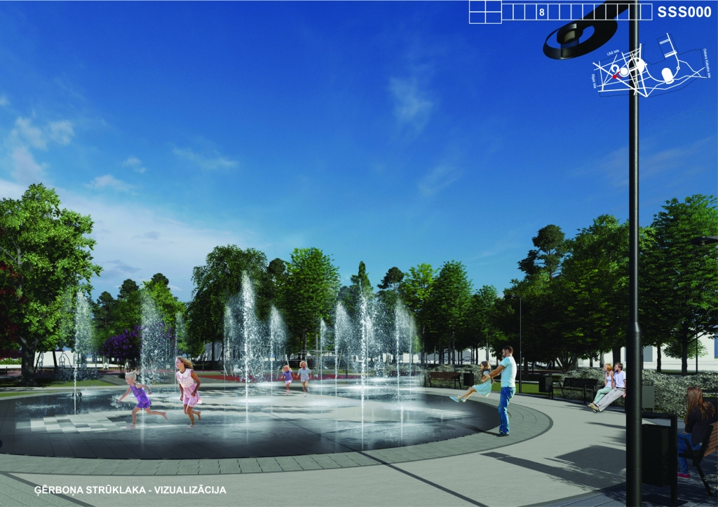 Lai ļautu parka apmeklētājiem arī fiziski izbaudīt ūdens tuvumu karstajā vasaras laikā, arhitektu birojs piedāvā veidot otru - seklo - strūklaku blakus gulbju strūklakai. D.Jaunzems norāda - tās laukums veidots no granīta flīžu ieseguma Gulbenes ģerboņa nokrāsās un ir piemērots arī publisku pasākumu un svinību norisei, kad netiek izmantots kā strūklaka. 	
Autors: SIA “DJA” projekta vizualizācija