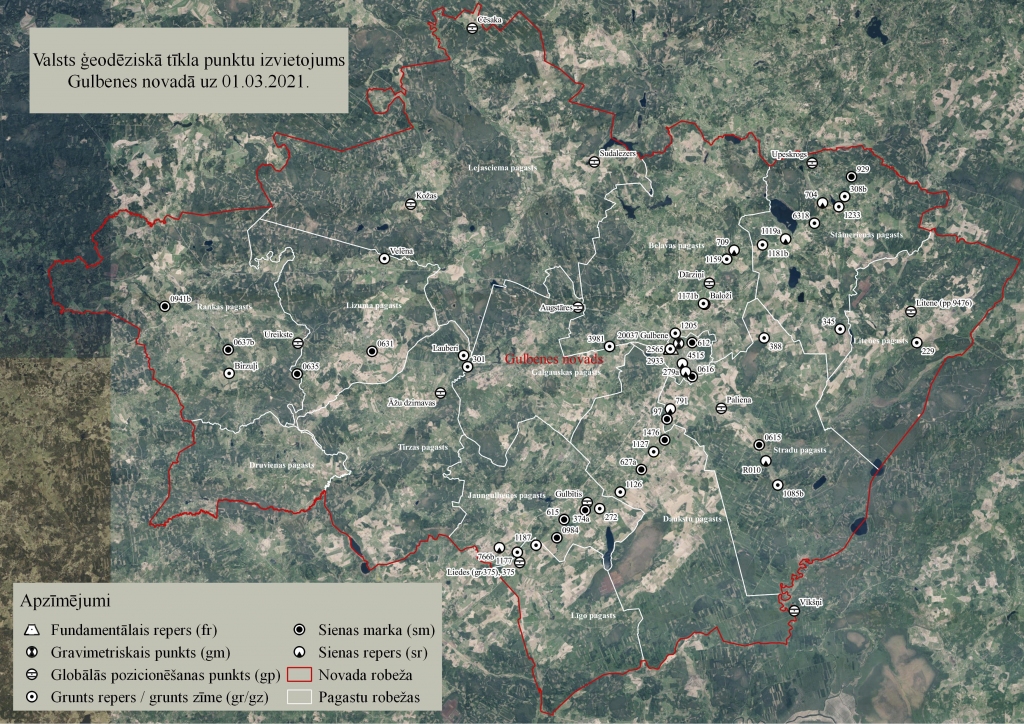 Šajā kartē ir redzams valsts ģeodēziskā tīkla punktu izvietojums Gulbenes novadā. Šī informācija ir publiski pieejama un valstiski svarīga. Foto: no Latvijas Ģeotelpiskās informācijas aģentūra arhīva