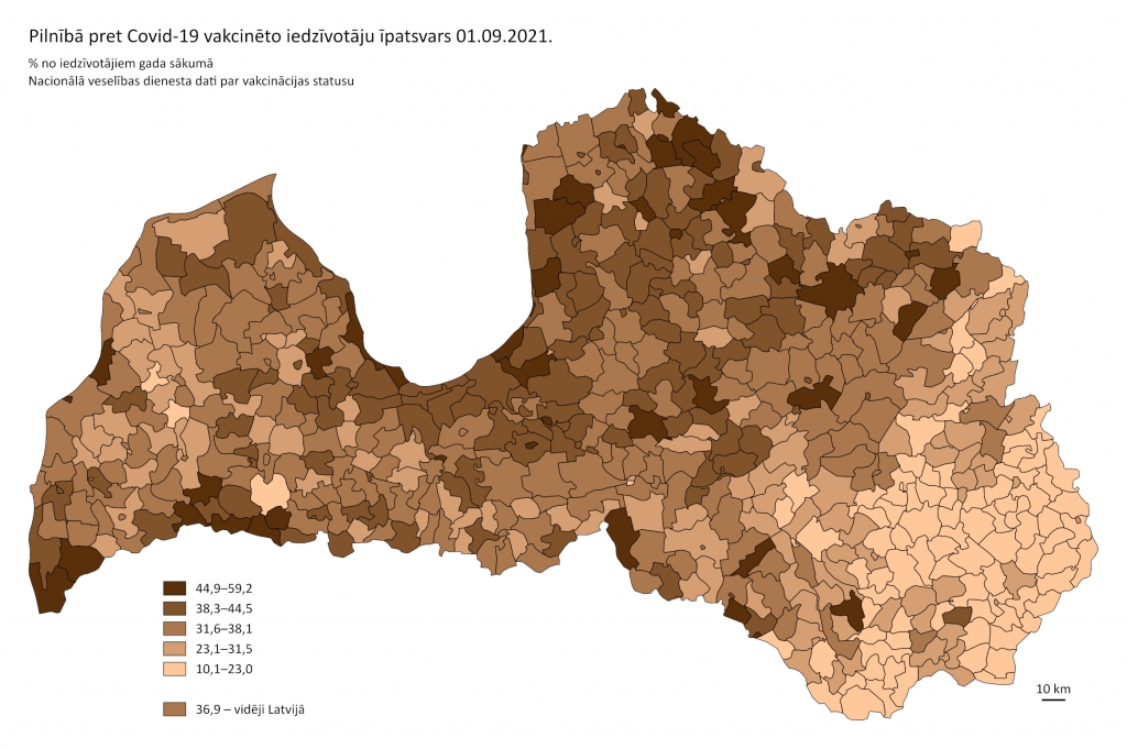 Pilnībā pret Covid-19 vakcinēto iedzīvotāju īpatsvars 01.09.2021.
(% no iedzīvotājiem gada sākumā; Nacionālā veselības dienesta dati par vakcināciju pabeigušām personām)